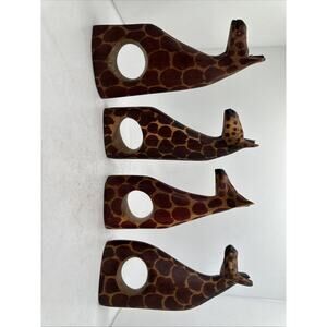 Besmo Hand Carved Wooden Napkin Holder Rings African Safari 4 Zeebras 5.5” Tall